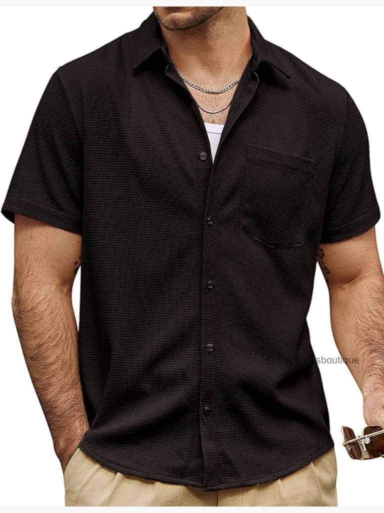 Mens Casual Waffle Button Down Short Sleeve Shirt Summer Loose Fit